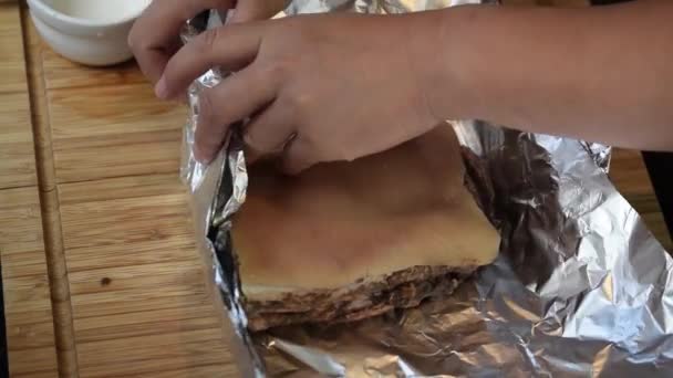 preparing pork food meat cooking - Footage, Video