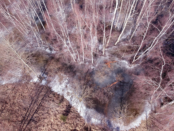Зимовий кінець лісу і водяний покрив з льодом, вид з повітря
 - Фото, зображення
