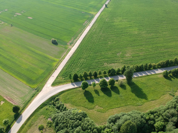 Tavaszi időszakban mezőgazdasági földterületek és kavicsos utak, légi kilátás - Fotó, kép
