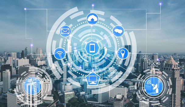 Intelligens város és vezeték nélküli kommunikációs hálózat fogalma - a tárgyak internete (Iot), információs és kommunikációs technológia (IKT ) - Fotó, kép