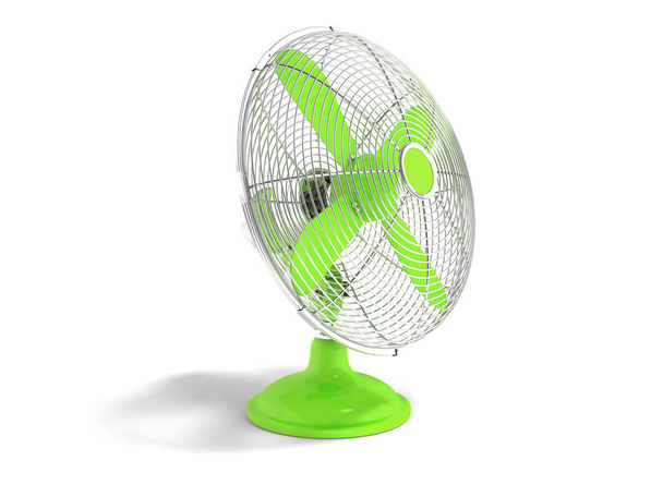 Современный зеленый металлический вентилятор для охлаждения офиса вид на 3d рендеринг на белом фоне с тенью
 - Фото, изображение