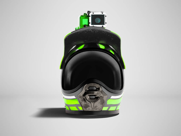 Современный зеленый мотоциклетный шлем с зеленой камерой действия перед 3D рендеринг на сером фоне с тенью
 - Фото, изображение