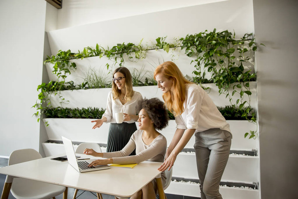 fröhliche professionelle multiethnische Frauen, die im modernen Büro arbeiten und Daten präsentieren - Foto, Bild
