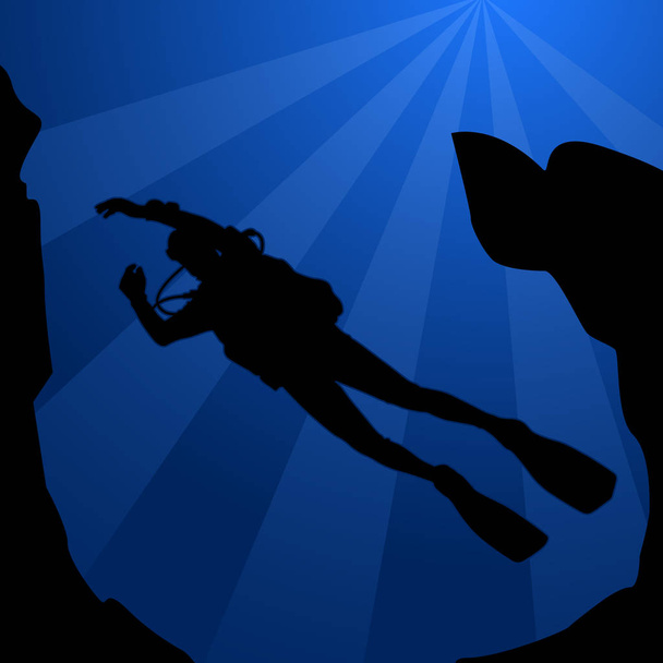 Black silhouette of diver - scuba diving - Vector, Image