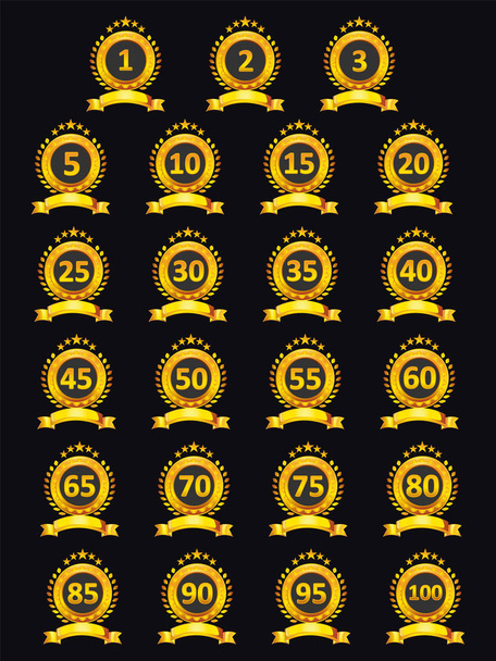 Collection of glossy golden badges set on black background. - Wektor, obraz