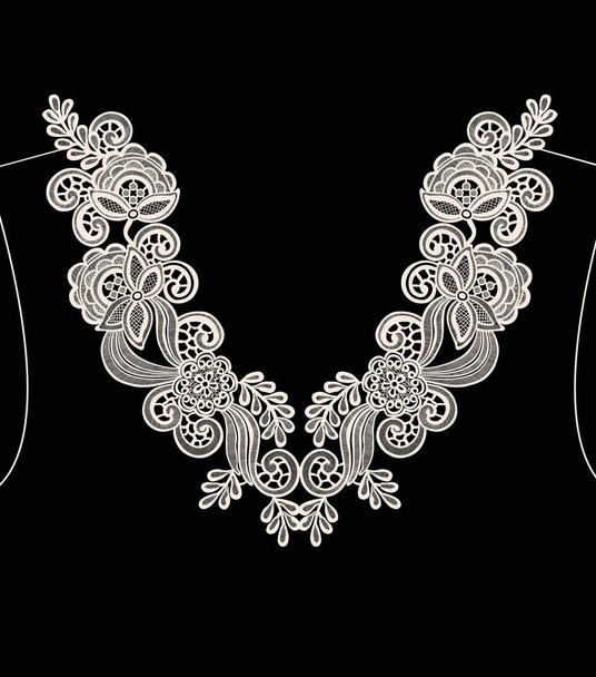 Neck embroidery design, lace print in vector on black background  - Vector, Image