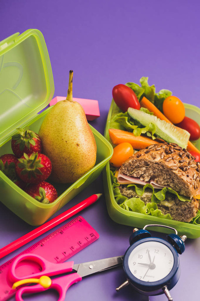 Lunch boxes with fresh breakfast. Breakfast school time concept. - Photo, Image