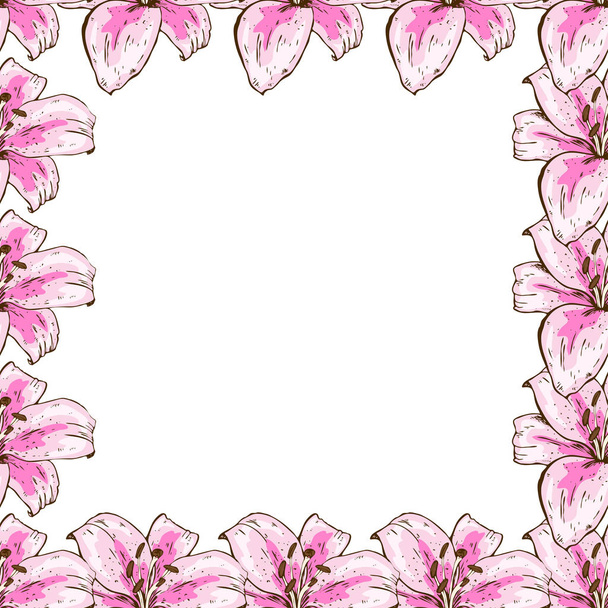 A beautiful floral frame of pink lilies. Flower design for cards, banners, posters and so on. Botanical vector illustration - Vector, Imagen