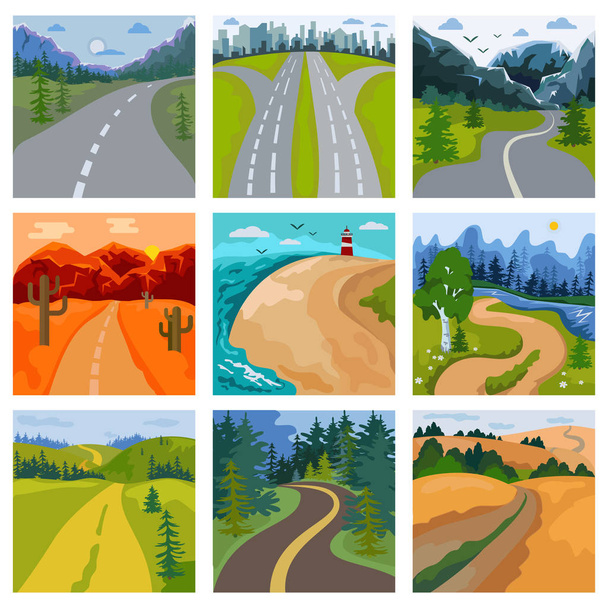 Road landscape vector roadway in forest and cityscape highway or roadside way to field lands with grass and trees in countryside illustration set of traveling in country or seaside - Vettoriali, immagini
