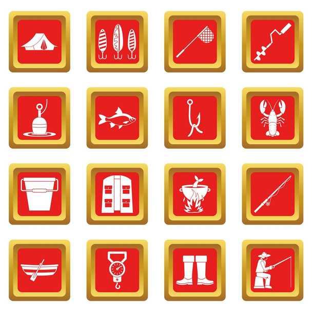 Fishing tools icons set red - Wektor, obraz