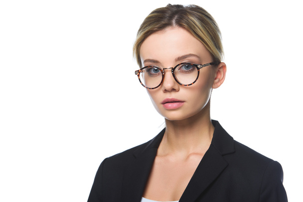 close-up portrait of beautiful young businesswoman in stylish eyeglasses isolated on white - Photo, image