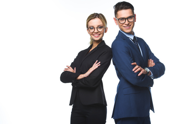 happy young business partners with crossed arms looking at camera isolated on white - Фото, зображення