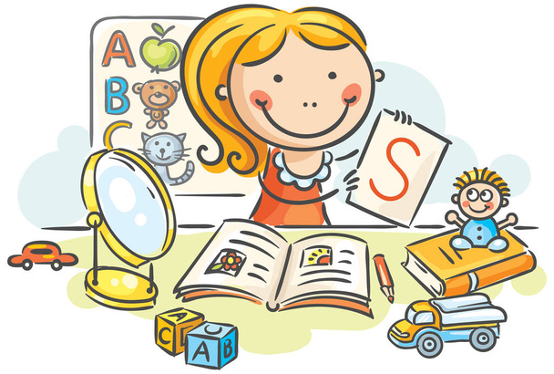 eine Kinder-Logopädin mit Spielzeug, Büchern, Briefen und einem Spiegel - Vektor, Bild