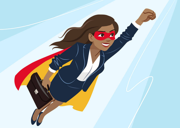 Mladý americký superhrdina žena nosí oblek a plášť, létání vzduchem v póze superhrdina, na modré pozadí. Vektorový obrázek kreslený charakter, podnikání, úspěch, cíle. - Vektor, obrázek
