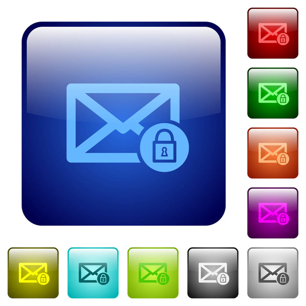 Lock mail icons in rounded square color glossy button set - Vektor, kép