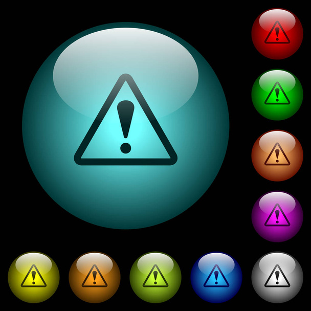 Signo de advertencia en forma de triángulo iconos en color iluminado botones de vidrio esférico sobre fondo negro. Se puede utilizar para plantillas negras u oscuras
 - Vector, imagen