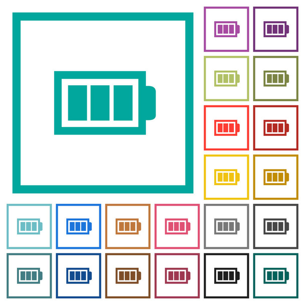 Bateria completa com três unidades de carga ícones de cor plana com quadros quadrantes em fundo branco
 - Vetor, Imagem