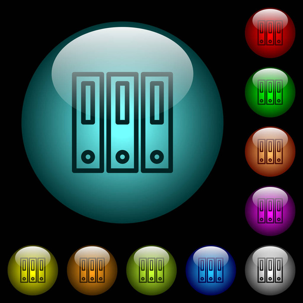 Aglutinantes iconos en color iluminado botones de vidrio esférico sobre fondo negro. Se puede utilizar para plantillas negras u oscuras
 - Vector, imagen