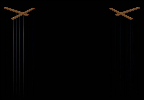 Poppentheater. Twee houten marionet controle bars met lange snaren. Vectorillustratie op zwarte achtergrond. - Vector, afbeelding