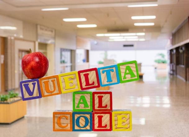 Back to School spelled out in spanish with wooden blocks with apple - Photo, Image