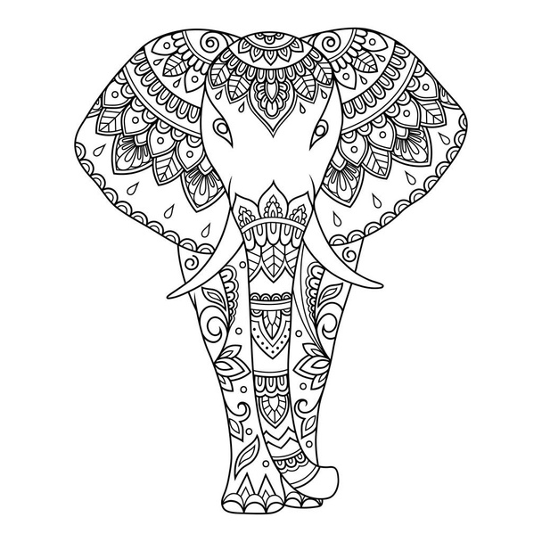 African elephant decorated with Indian ethnic floral vintage pattern. Hand drawn decorative animal in doodle style. Stylized mehndi ornament for tattoo, print, cover, book and coloring page. - Vetor, Imagem
