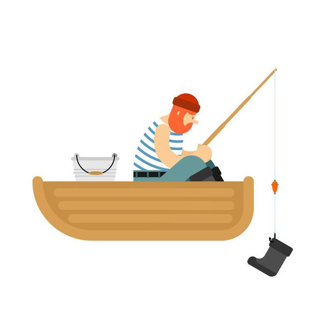 Fisherman on boat fishing boot. Fishing rod and shoe. Vector illustratio - Vektori, kuva