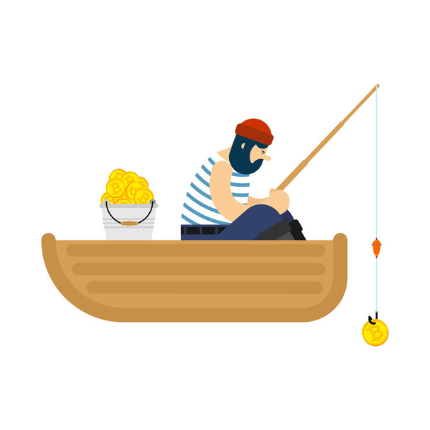 Fisherman on boat fishing bitcoin. Fishing rod and Mining Crypto currency. Vector illustratio - Vetor, Imagem