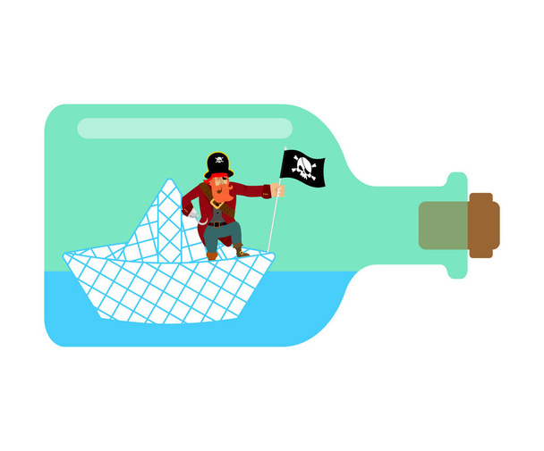 Pirate on Paper boat in bottle. Vector illustratio - Вектор,изображение