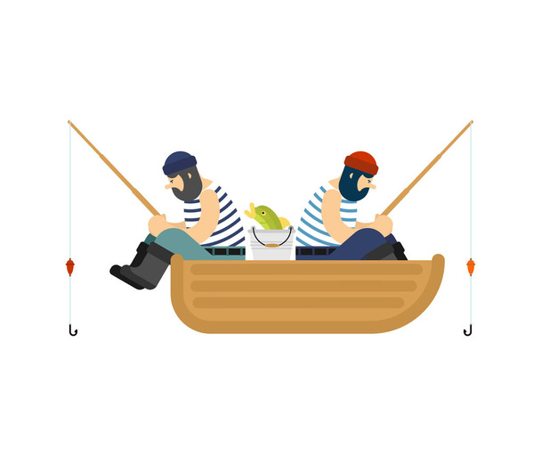 Fisherman on boat fishing. Fishing rod and Fish. Vector illustration - Vetor, Imagem