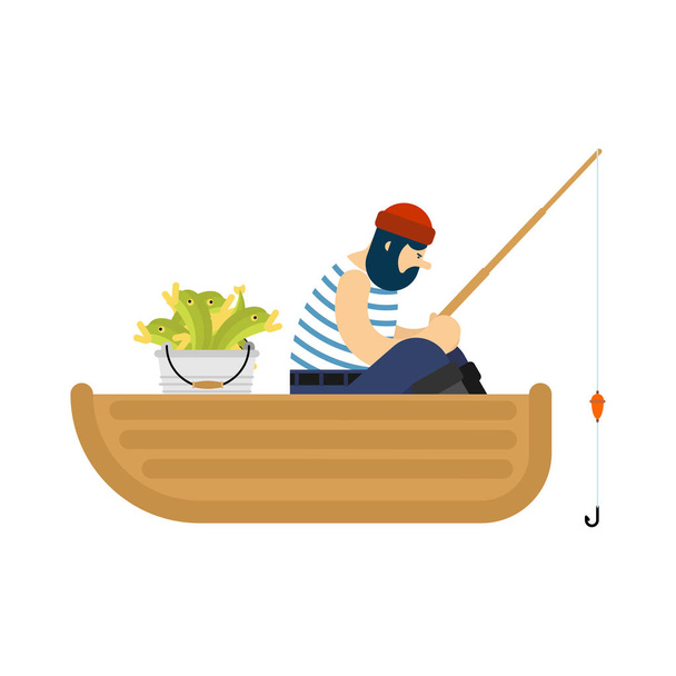 Fisherman on boat fishing. Fishing rod and Fish. Vector illustratio - Vetor, Imagem
