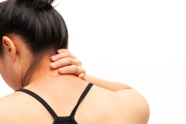 jeunes femmes douleur au cou et à l'épaule blessure, soins de santé et concept médical - Photo, image