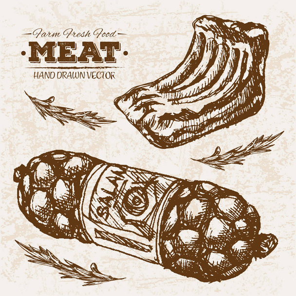 Το χέρι συντάσσονται σκίτσο μπριζόλα προϊόντα κρέατος με λουκάνικα και σαλάμια, αγρόκτημα νωπά τρόφιμα, μαύρο και άσπρο vintage εικονογράφηση, απλή σχεδίαση - Διάνυσμα, εικόνα
