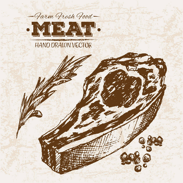 Ručně tažené skica steak masných výrobků s šunkou a tuku, farma čerstvé potraviny, černá a bílá vintage ilustrace, jednoduché kreslení - Vektor, obrázek