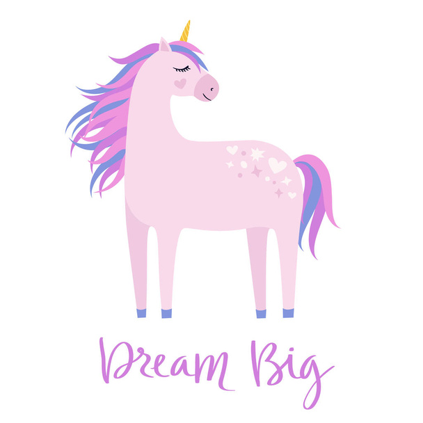 Magic cute pink unicorn on white background. Cartoon style beautiful unicorn for kids stuff, posters, cards etc. Vector illustration - Wektor, obraz