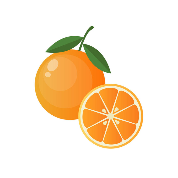 Fresh juicy orange fruit isolated on a white background. Colorful half and whole orange with a leaf. Perfect for juice or jam. Vector illustration. - Vettoriali, immagini