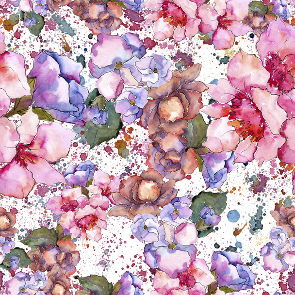Pink and purple gardania. Floral botanical flower. Seamless background pattern. Fabric wallpaper print texture. Aquarelle wildflower for background, texture, wrapper pattern, frame or border. - Foto, Imagen