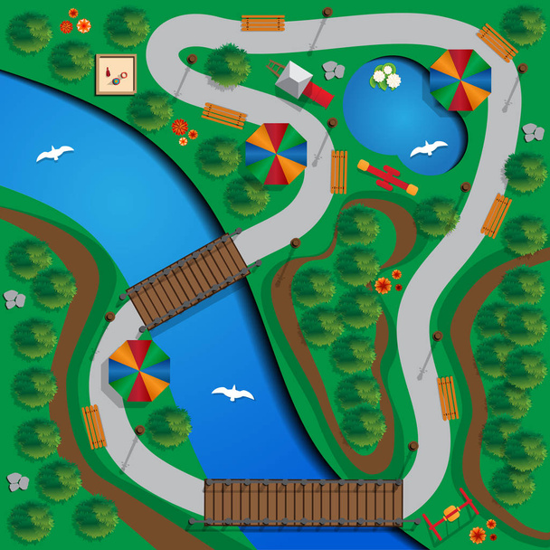 The park with a river and lake. View from above. Vector illustration. - Wektor, obraz