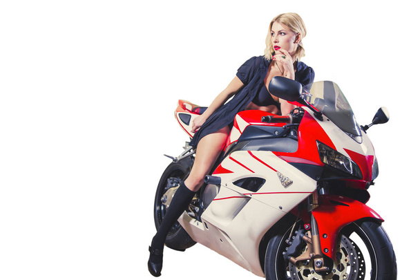 sexy girl blonde on crane sportbike - 写真・画像
