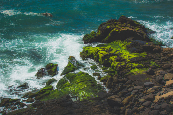 Waves crashing into rock formations covered with green algae, Point Mugu, California - Foto, Imagem