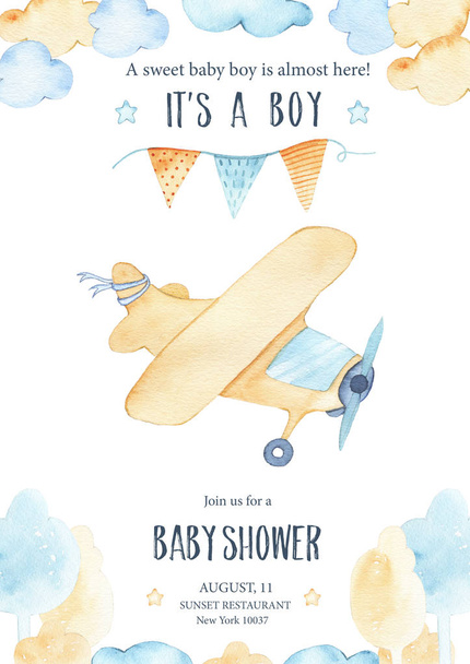 Watercolor its baby boy shower with cute airplane orange plane garland and clouds trees card invitation on white background. Birthday decoration illustration - Zdjęcie, obraz