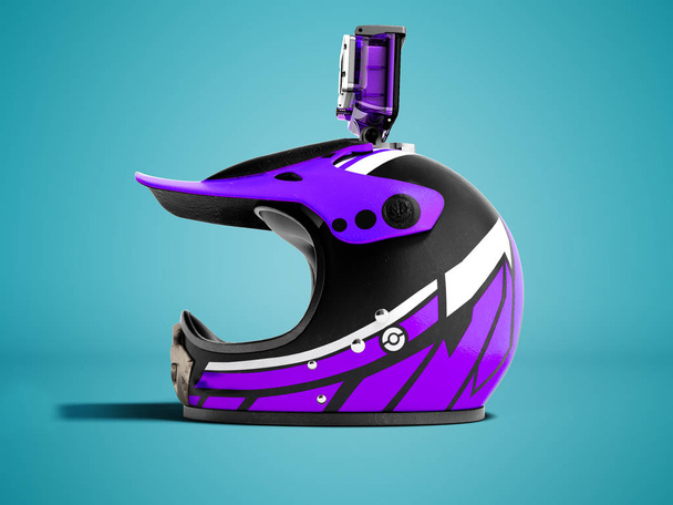 Modern purple motorcycle helmet with purple action camera left 3d render on blue background with shadow - Photo, Image