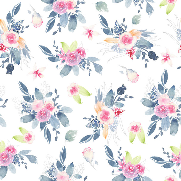 Watercolor seamless pattern hand painted with flower pink peony rose leaves isolated on white background. Floral illustration. Botanical art - Foto, afbeelding