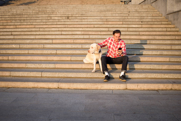 Morning walk of young male and gold labrador dog  - 写真・画像