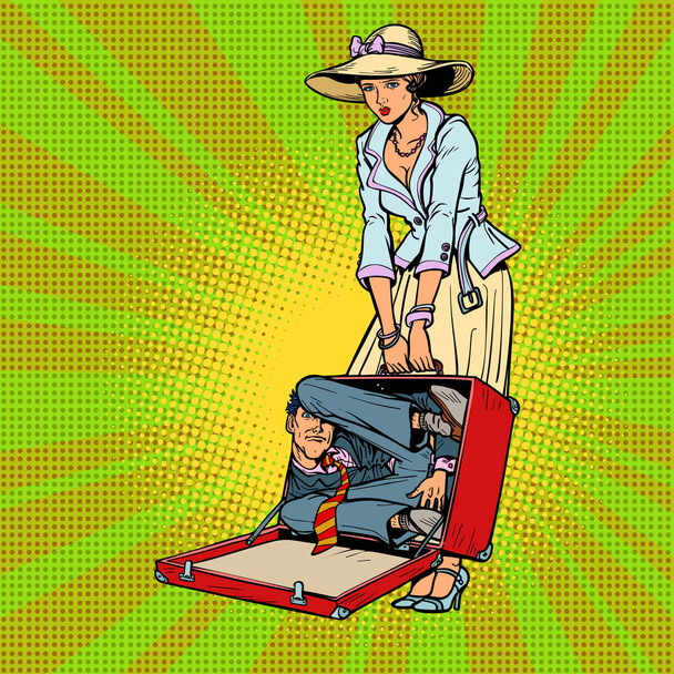 Husband in suitcase. Woman traveler - Vector, Image