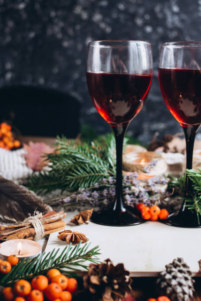 Mulled wine in glasses ,red berries,bumps and autumn branches on wooden table. Autumn or Winter concept. - Foto, immagini