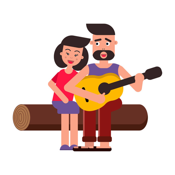 Vector flat illustration, style cartoon. Young happy family on a picnic. A couple in love, songs and guitar. White background - Vector, Image