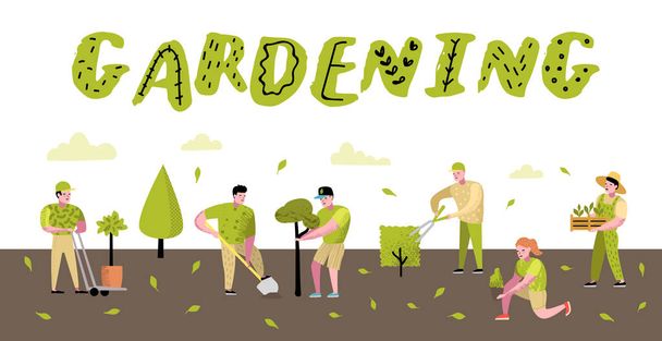 Bahçe çizgi film Poster. Bitkiler ve ağaçlar komik basit karakterler. Adam ve kadın bahçıvan. Vektör çizim - Vektör, Görsel