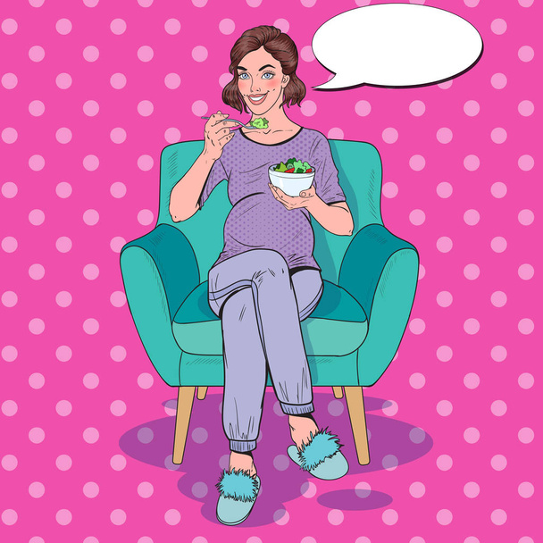 Pop Art szczęśliwa Kobieta w ciąży w domu jedzenie sałatka. Zdrowa żywność, koncepcja macierzyństwo. Ilustracja wektorowa - Wektor, obraz
