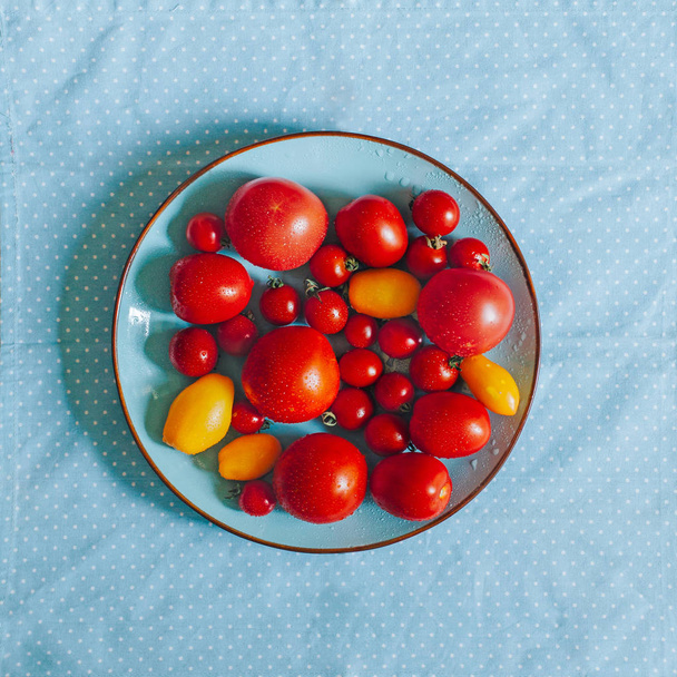 Assiette de tomates fraîches mûres sur fond de pois bleus
 - Photo, image