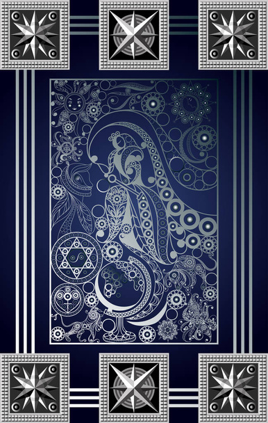 Graphic abstract design with occult tarot card. Major Arcana - The World. Suitable for invitation, flyer, sticker, poster, banner, card, label, cover, web. Vector illustration. - Wektor, obraz